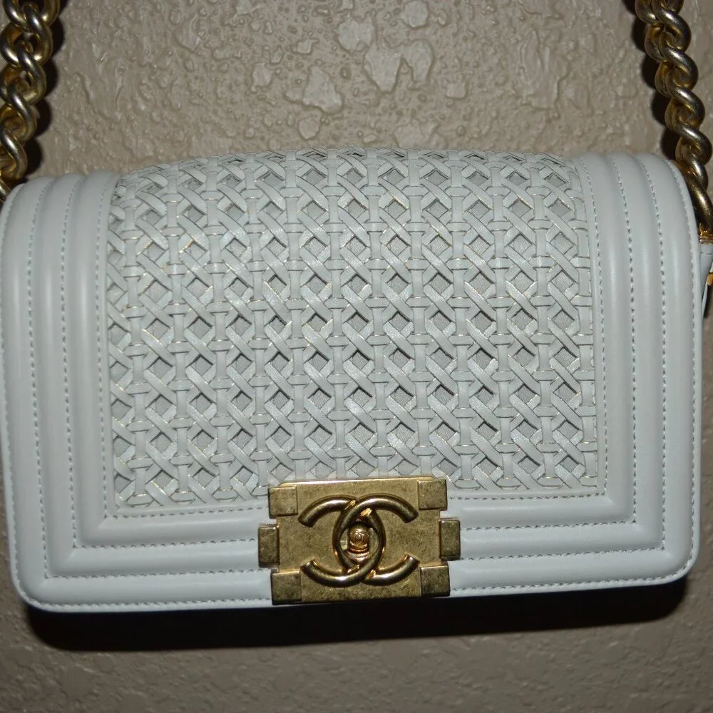Chanel White Braided Leather Boy Bag Chain Strap Crossbody Shoulder Handbag
